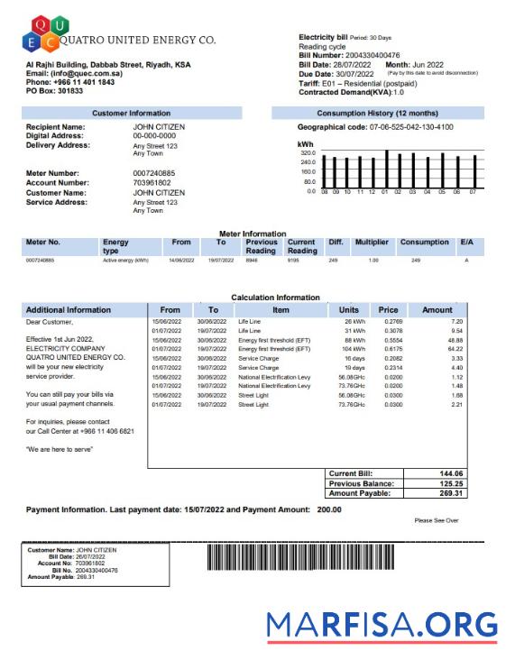 Realistic Saudi Quatro United Energy Co. utility bill, Word and PDF template